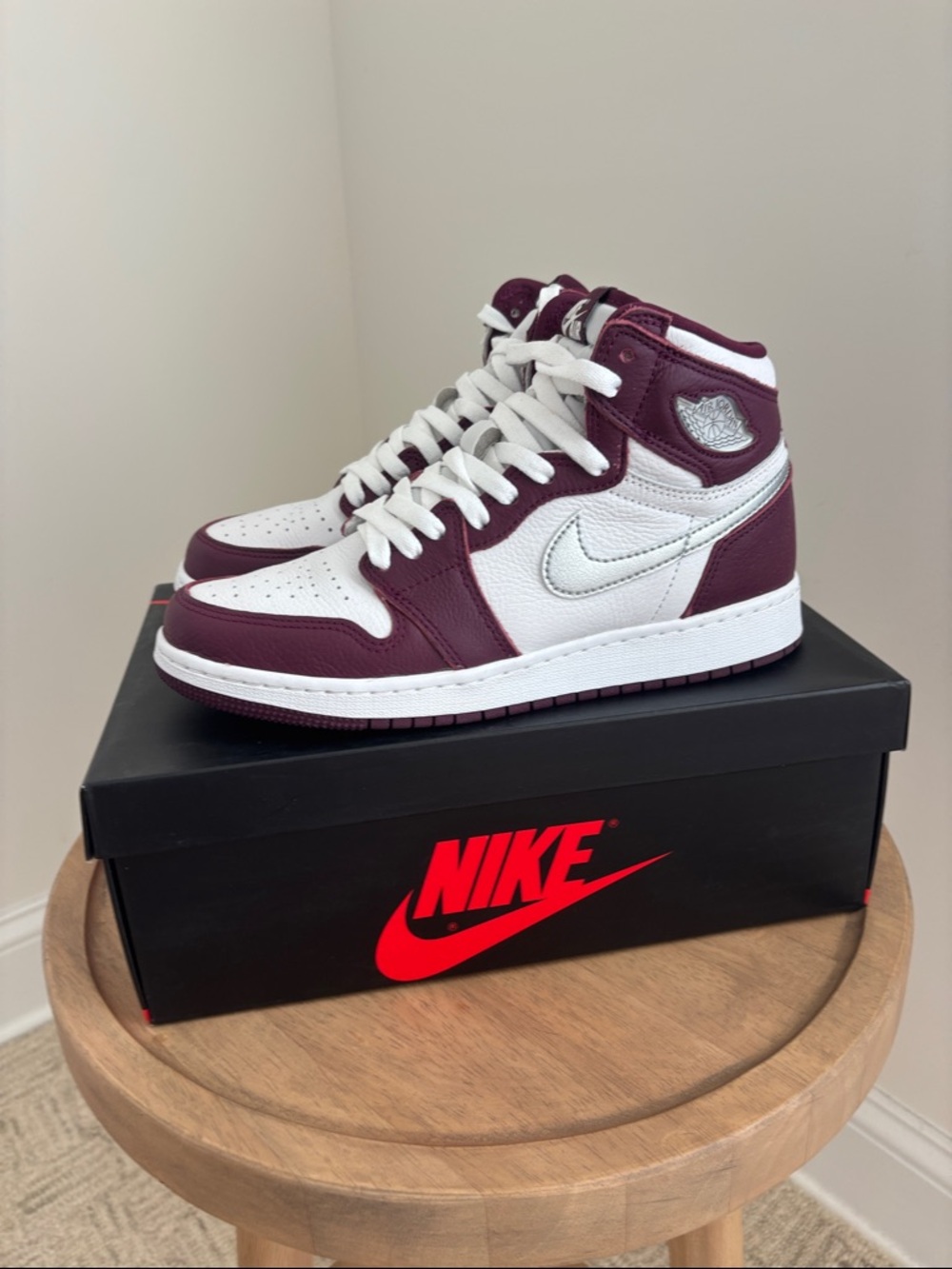 Nike Air Jordan 1 Mid White & Burgundy Sneakers - Picture 4 of 5